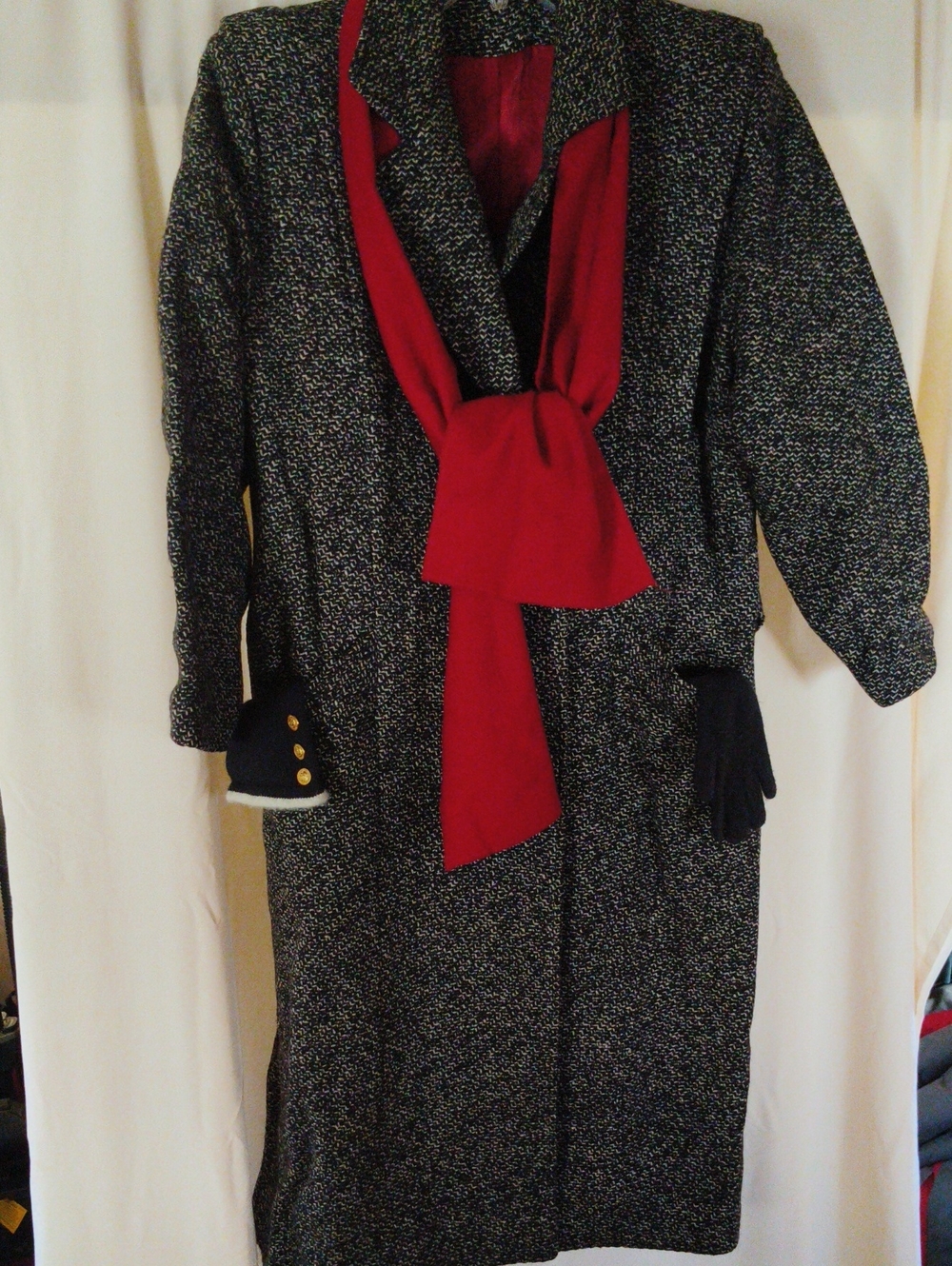 Classic Black Tweed Coat with Red Scarf Accent & Gloves